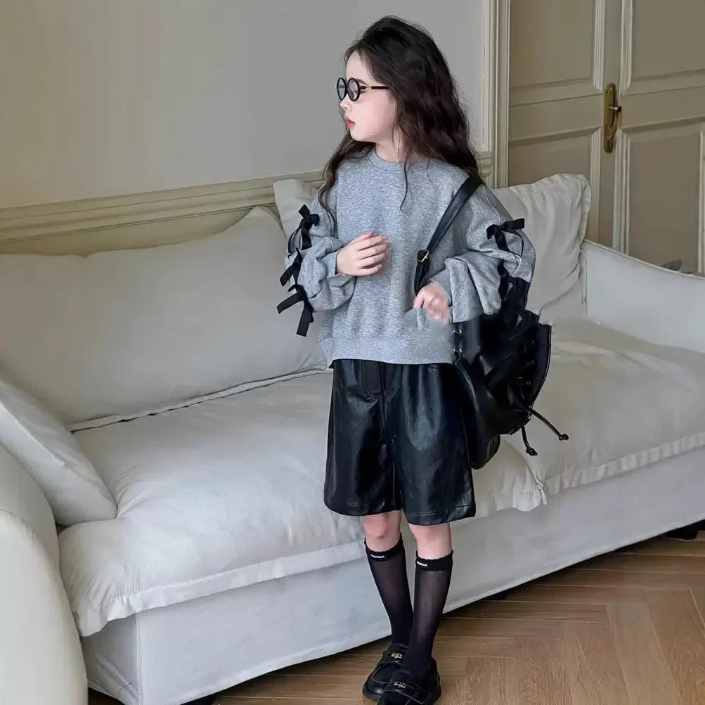Girls' Bow Sweatshirt Cute Long Sleeve Top for Spring Autumn Kids Casual Pullover  Kids Clothes Girls