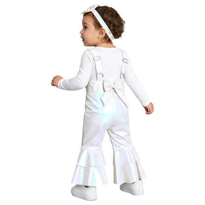 Baby Girls Clothes Birthday Party Metallic Bell Bottoms Romper Djustable Straps Bow Overalls with Headwear Photo Shoot Outfit