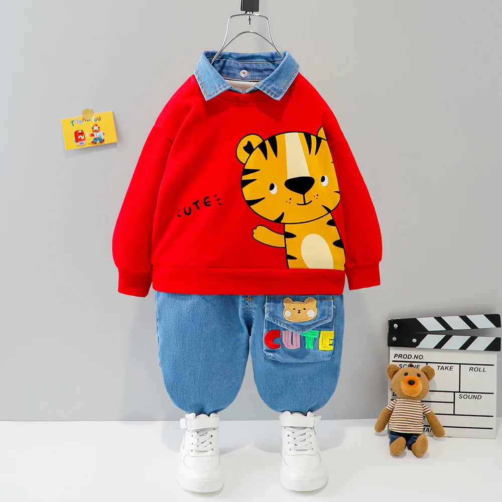 Baby boy clothes 0-4 years old spring and autumn long-sleeved suit boy cartoon lapel cotton sweater + jeans baby 2-piece set