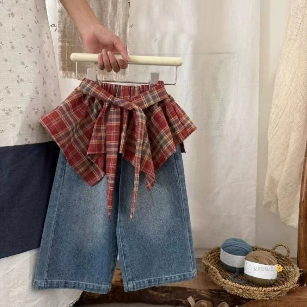 Girls' Pants 2025 New Stylish Little Girl Super Good-looking Retro Red Checkered Lace Up Fart Curtain Denim Skirt Pants