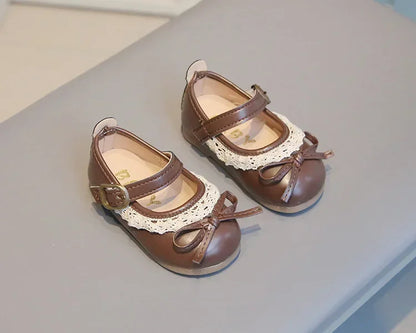 Girls Walking Shoes Sweet Lace Simple Bows 2025 New Baby Princess Shoes Round Toes Kids Leather Shoes Non-slip Soft Sole Flats