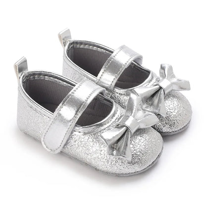 Cute Silver Gold Baby Girls Shoes Bow Princess Shoes PU Anti-slip Soft Sole Infant First Walkers Newborn Crib Baby Shoes