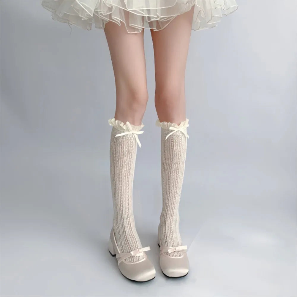Sweet Girls Long Socks Stockings  Lolita Bowknot Ruffles Knee Socks Women Hollow Out Mesh Fishnet Stockings