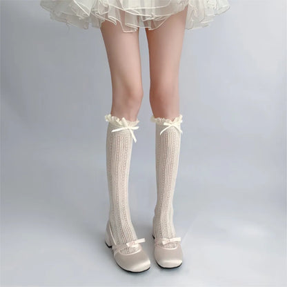 Sweet Girls Long Socks Stockings  Lolita Bowknot Ruffles Knee Socks Women Hollow Out Mesh Fishnet Stockings