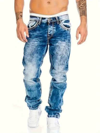 European American Jeans Men's Autumn New Slim Elastic Trousers Fashionable Vintage Wash Denim Pants Male Streetwear