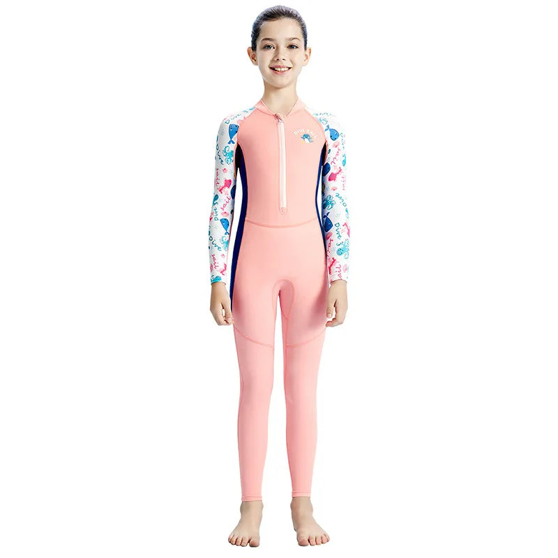 Boys Girls One-Piece Swimsuits Swimwear Long Sleeve Wetsuits Bathing Suit Beachwear Sun Protection(Including Swimming Cap)