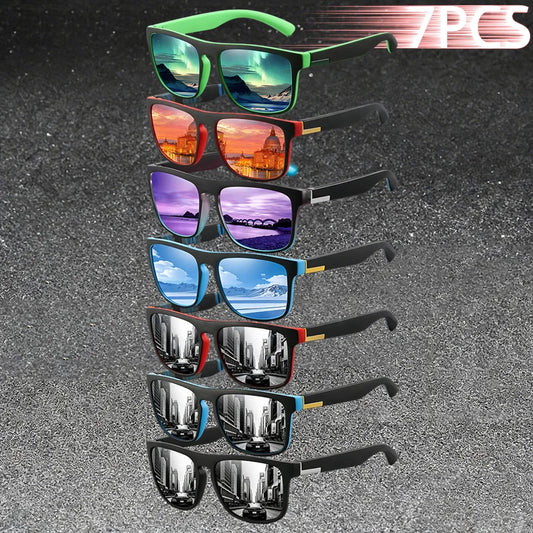 7PCS Vintage  Sun Glasses Classic Fashion Colorful Stripe Square Eyewear for Men Women Ideal for Fishing Driving Leisure Travel