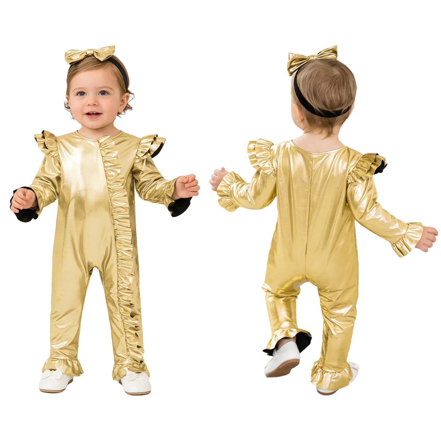 Baby Girls Clothes Birthday Party Metallic Bell Bottoms Romper Djustable Straps Bow Overalls with Headwear Photo Shoot Outfit