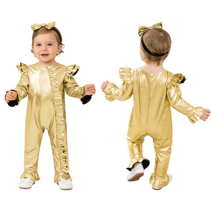 Baby Girls Clothes Birthday Party Metallic Bell Bottoms Romper Djustable Straps Bow Overalls with Headwear Photo Shoot Outfit