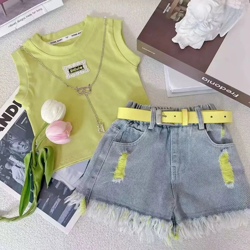 Girls' Denim Shorts Suit Summer 2025 New Kids Outfits Korean Version Little Girls' Fashionable Shorts T-shirtTwo-piece Set 2-10T