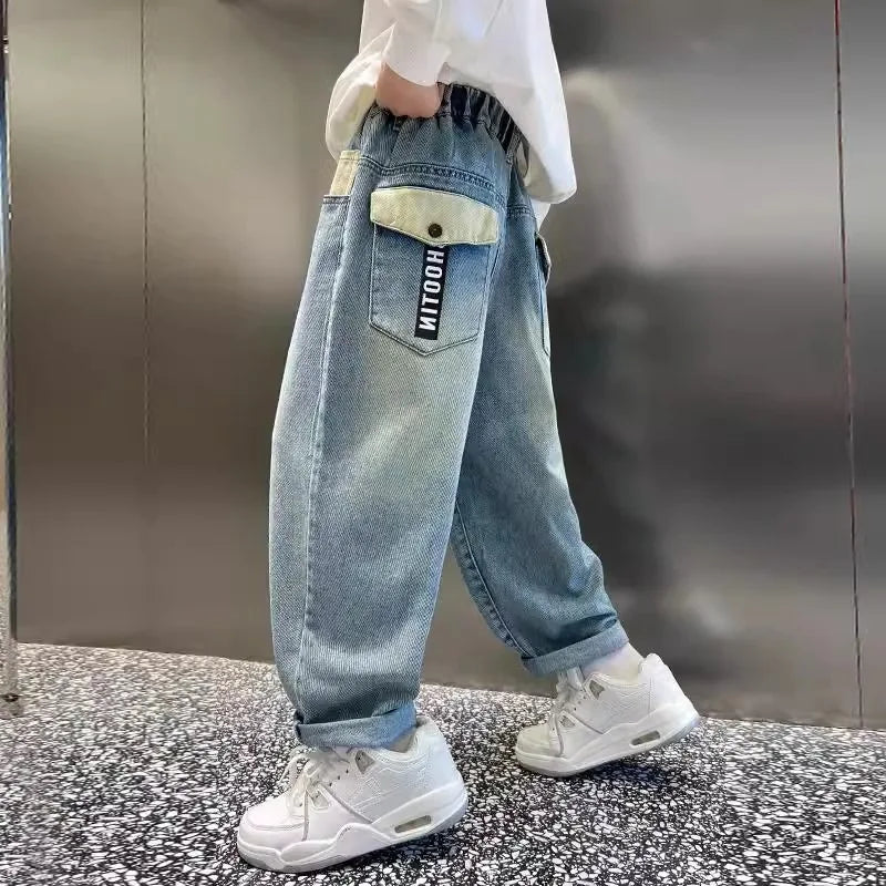 High Quality Big Boy Jeans Denim Pants Kids Casual Wide Straight Jeans Elegant Baby Child Denim Trousers 5 6 7 8 9 10 11 12 14 Y