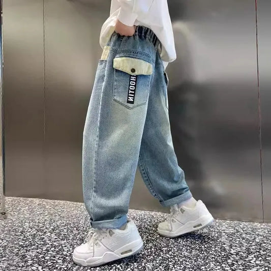 High Quality Big Boy Jeans Denim Pants Kids Casual Wide Straight Jeans Elegant Baby Child Denim Trousers 5 6 7 8 9 10 11 12 14 Y