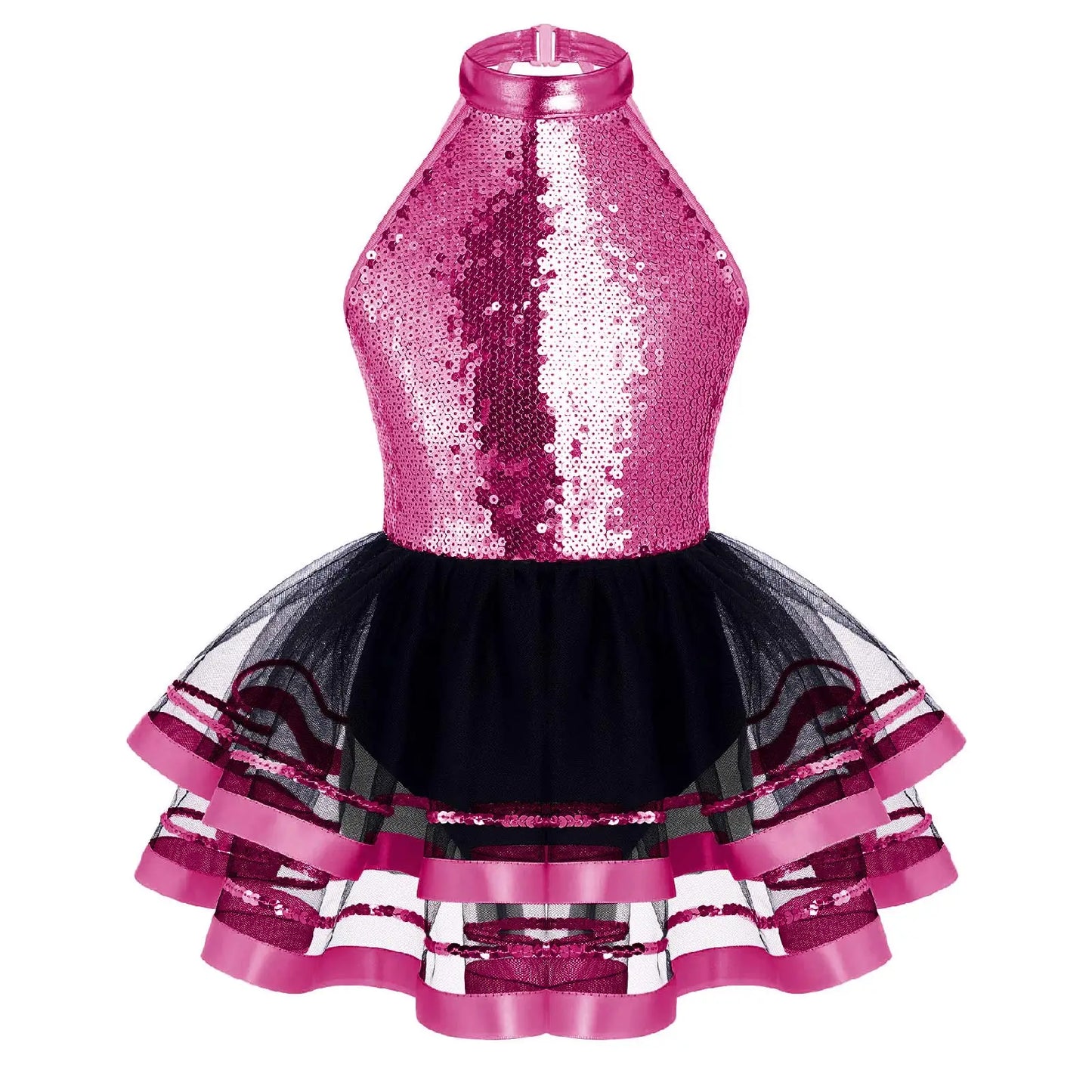 Girls Teens Shiny Sequin Tulle Dress for Ballet Latin Jazz Lyrical Dance Dresses Sleeveless Halter Neck Leotards Tutu Dress
