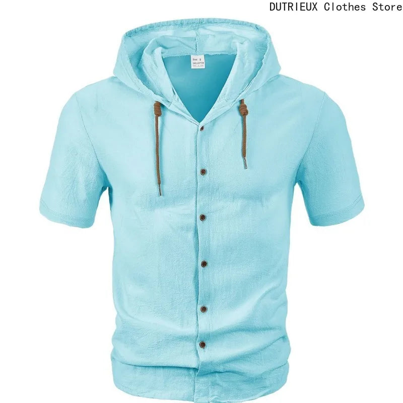 Men Summer Hooded Shirt Casual Solid Color Button Down Short Sleeve Hoodies Tops for Beach Vacation Streetwear Mens Linen Shirt.