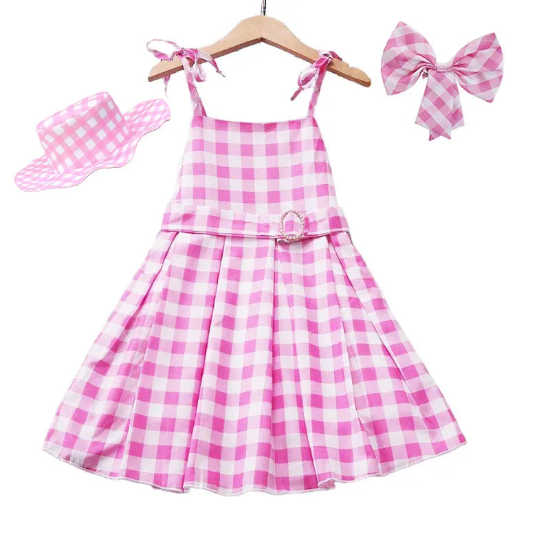 Girls' Summer Off Shoulder Dress with Belt Suitable For Female Pink Plaid Frock Kid Christmas And Halloween Role-Playing Costume