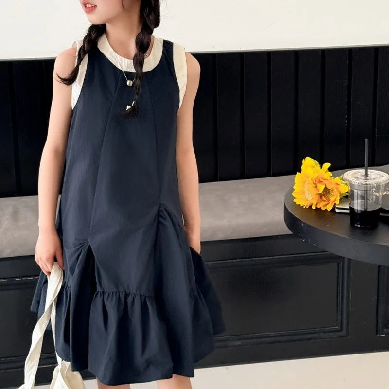 New Summer Girls Princess Dress Kids Sleeveless Dress with Ruffles Design Dresses for Teen Child Casual Vacation Beach Dress