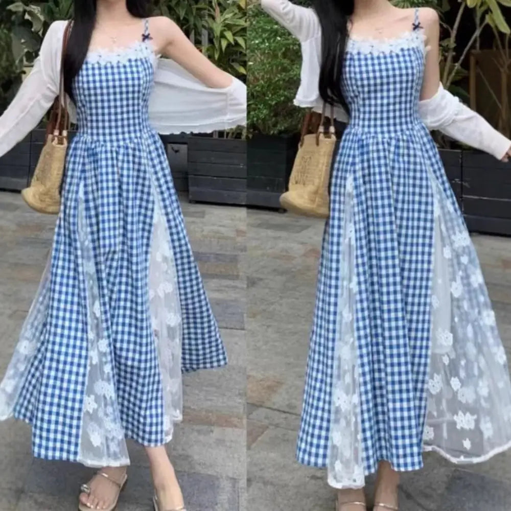 Fashion Plaid Girl Princess Dress Loose Lace Mesh Teens Sling Dress Sweet Skirt Children Sleeveless Dresses Summer