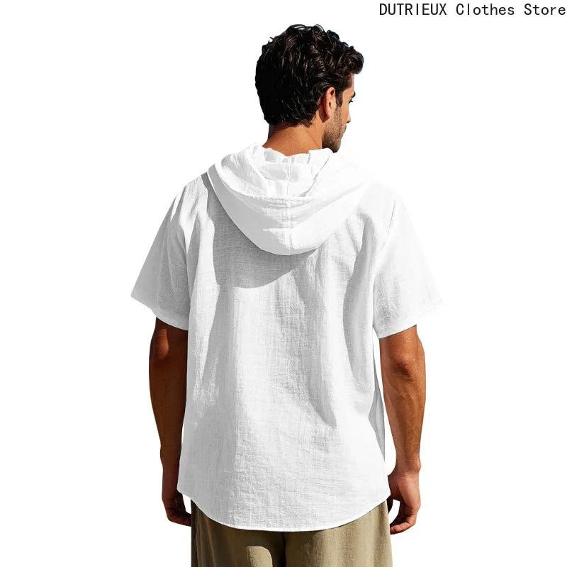 Men Summer Hooded Shirt Casual Solid Color Button Down Short Sleeve Hoodies Tops for Beach Vacation Streetwear Mens Linen Shirt.