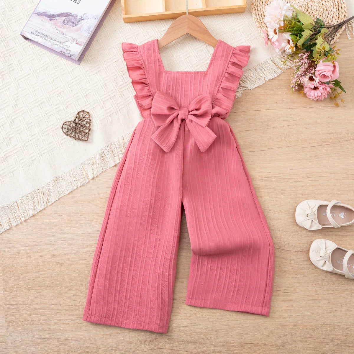Girls' Summer Overall Pants /, Shoulder Pleated Side Bow Front, Loose Wide Leg, Casual Daily Playwear, 1-6 Years