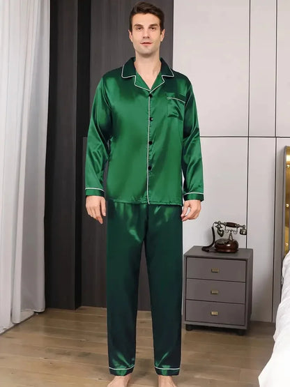 Men Pajamas Set Silk Satin Nightwear Shirt Long Sleeve Pijama Male Fashion Soft Home Suit Big Size Spring Sleepwear For Sleeping