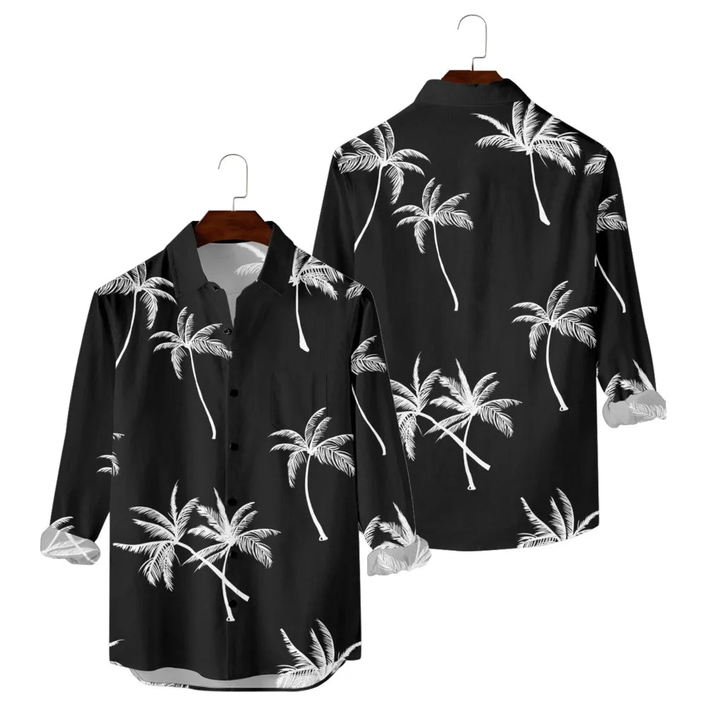 Hawaiian Men Shirts Sunset Oasis Palms Print Full Sleeve Streetwear Button Up Casual Beach to Bar Parties Poolside Shirt Pocket