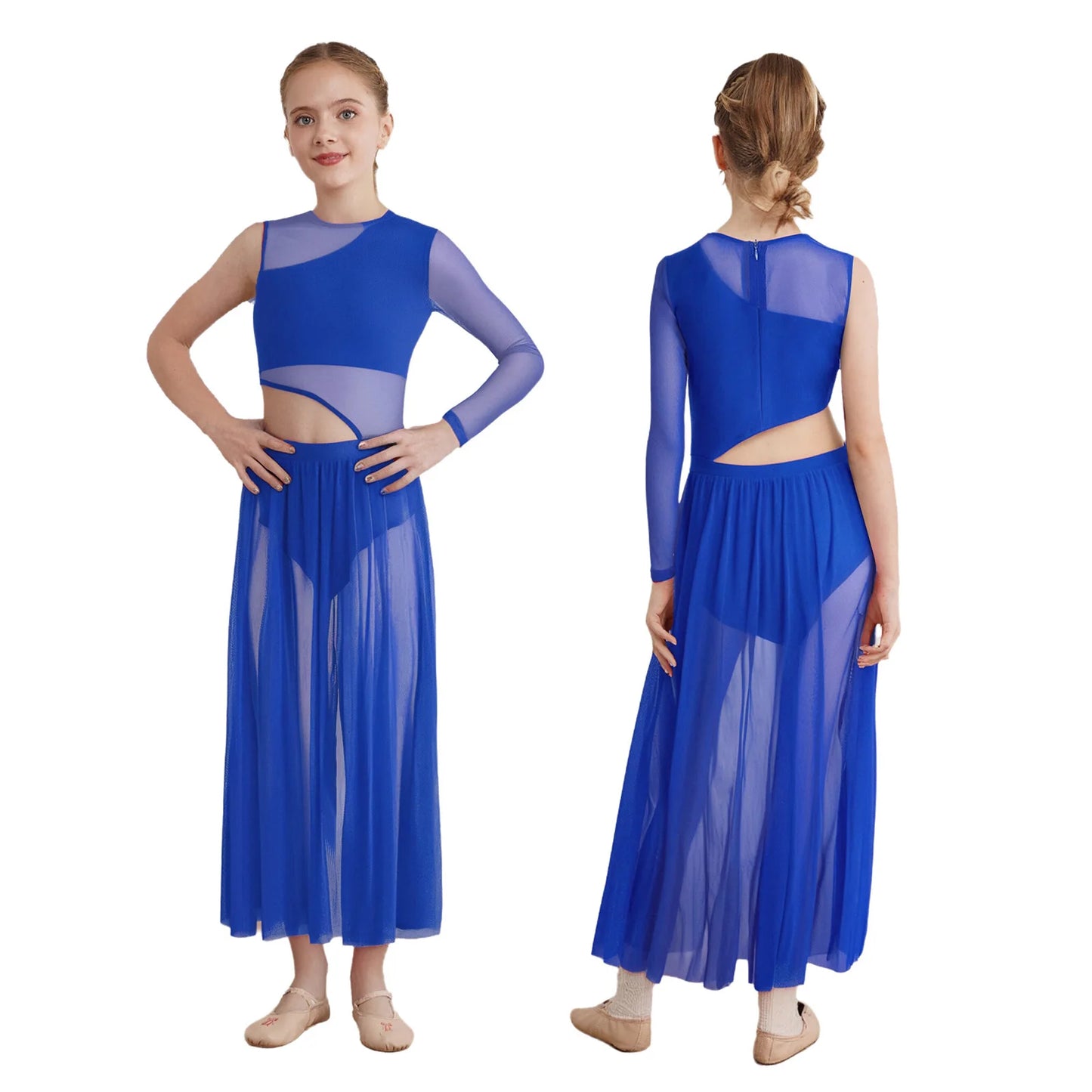 Kids Girls Modern Lyrical Dance Dresses Delicate Applique Keyhole Back Side Split Irregular Hem Asymmetrical Ruched Mesh Dress