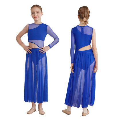 Kids Girls Modern Lyrical Dance Dresses Delicate Applique Keyhole Back Side Split Irregular Hem Asymmetrical Ruched Mesh Dress