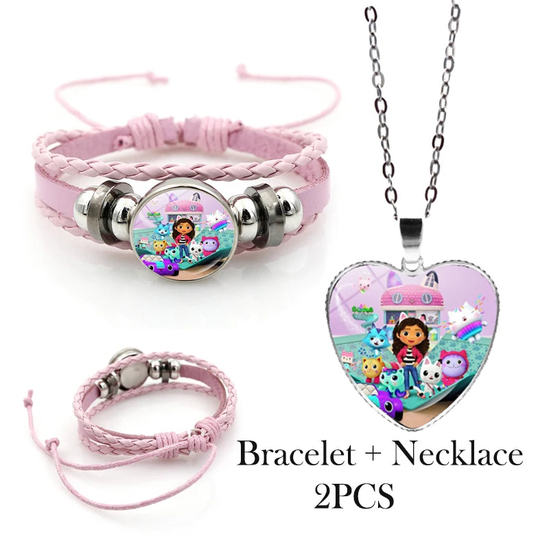Gabby Dollhouse Girl Bracelets + Necklace Jewelry Set 2pcs Female Kawaii Necklace Chain Accessories Girl Party Birthday Gift Toy