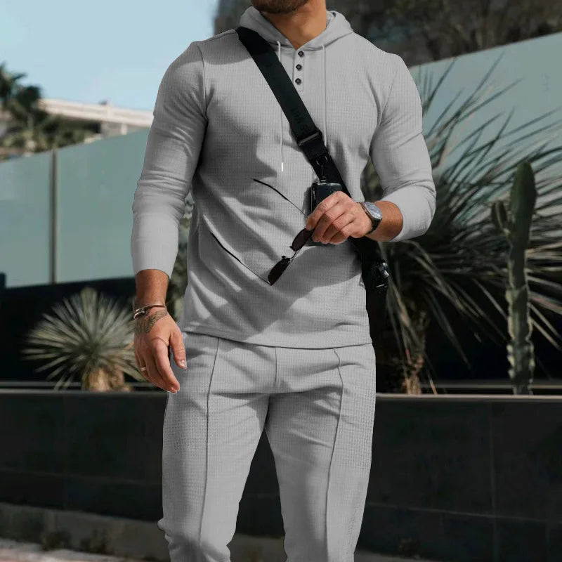 New Men's Casual Suit Outdoor European and American Hooded Solid Color Long Sleeve Trousers Suit