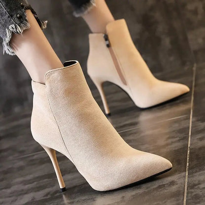 High Heels Booties Heeled Short Shoes for Woman Footwear Pointed Toe Sexy Suede Black Women's Ankle Boots New Rock Hot Boot