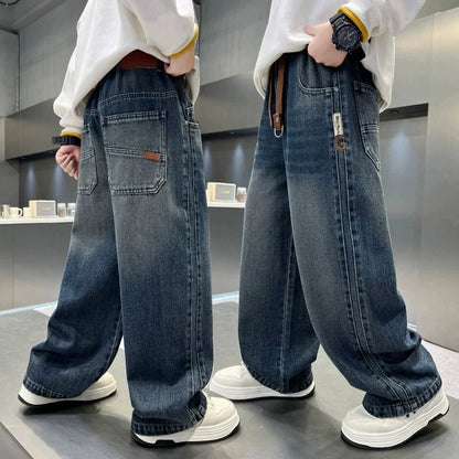 Boys Wide-leg Jeans 5-14 Years Spring Autumn Fashion Cool Casual Sports Denim Straight Pants for Kids Loose Trousers