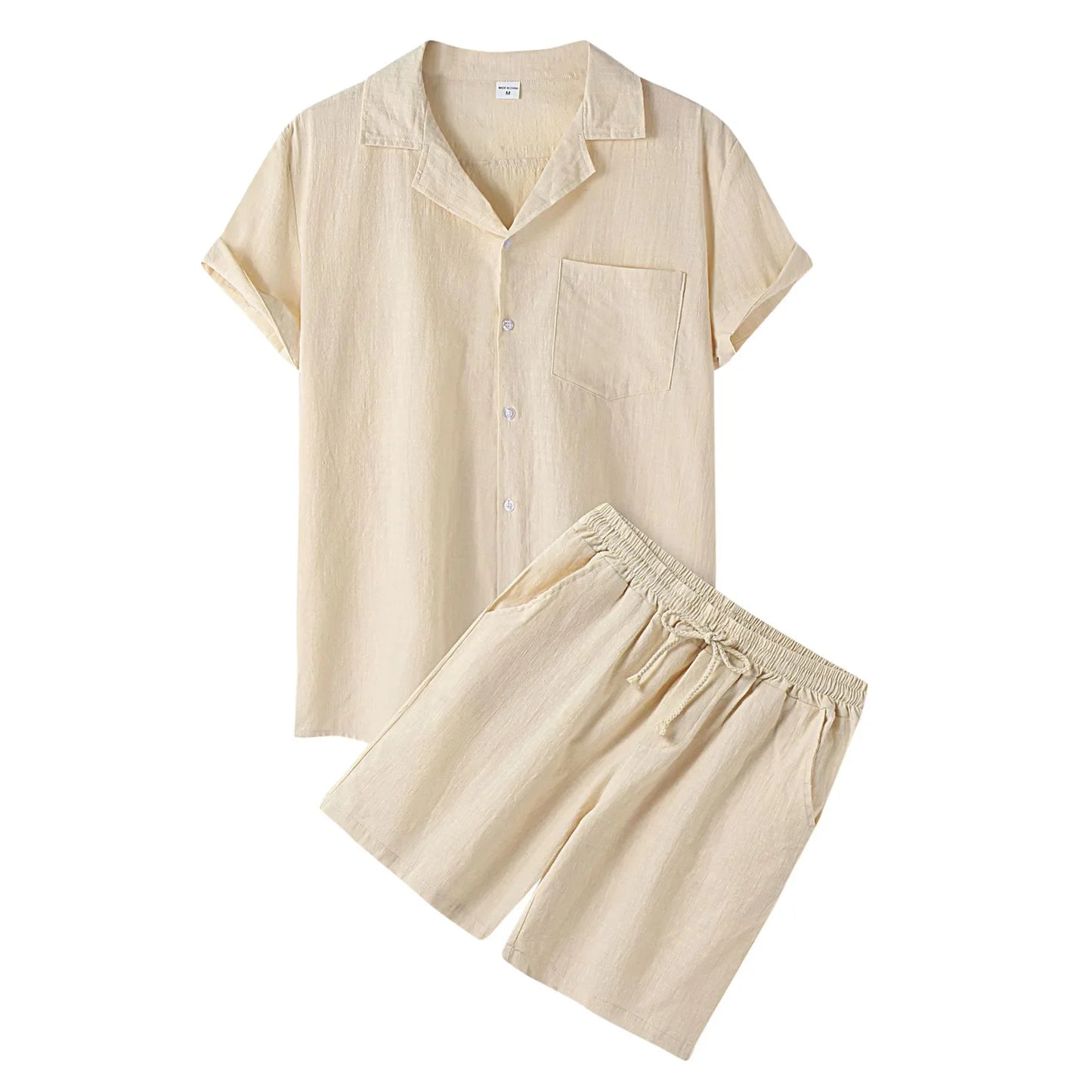 Cotton Linen Men Outfit Set Summer Casual Loose Single Breasted Men's Shirt Shorts 2 Pcs Sets Solid Beach Wear Short Sleeve Suit