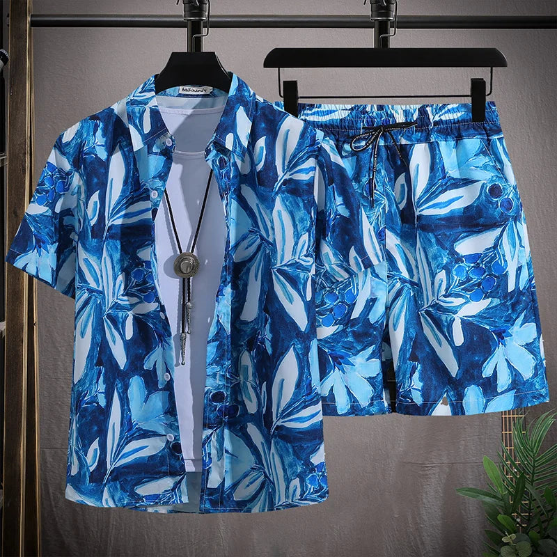 Men's Hawaiian Beach Set Single Breasted Short Sleeve Shirt and Shorts Casual Summer Vacation Travel Outfit