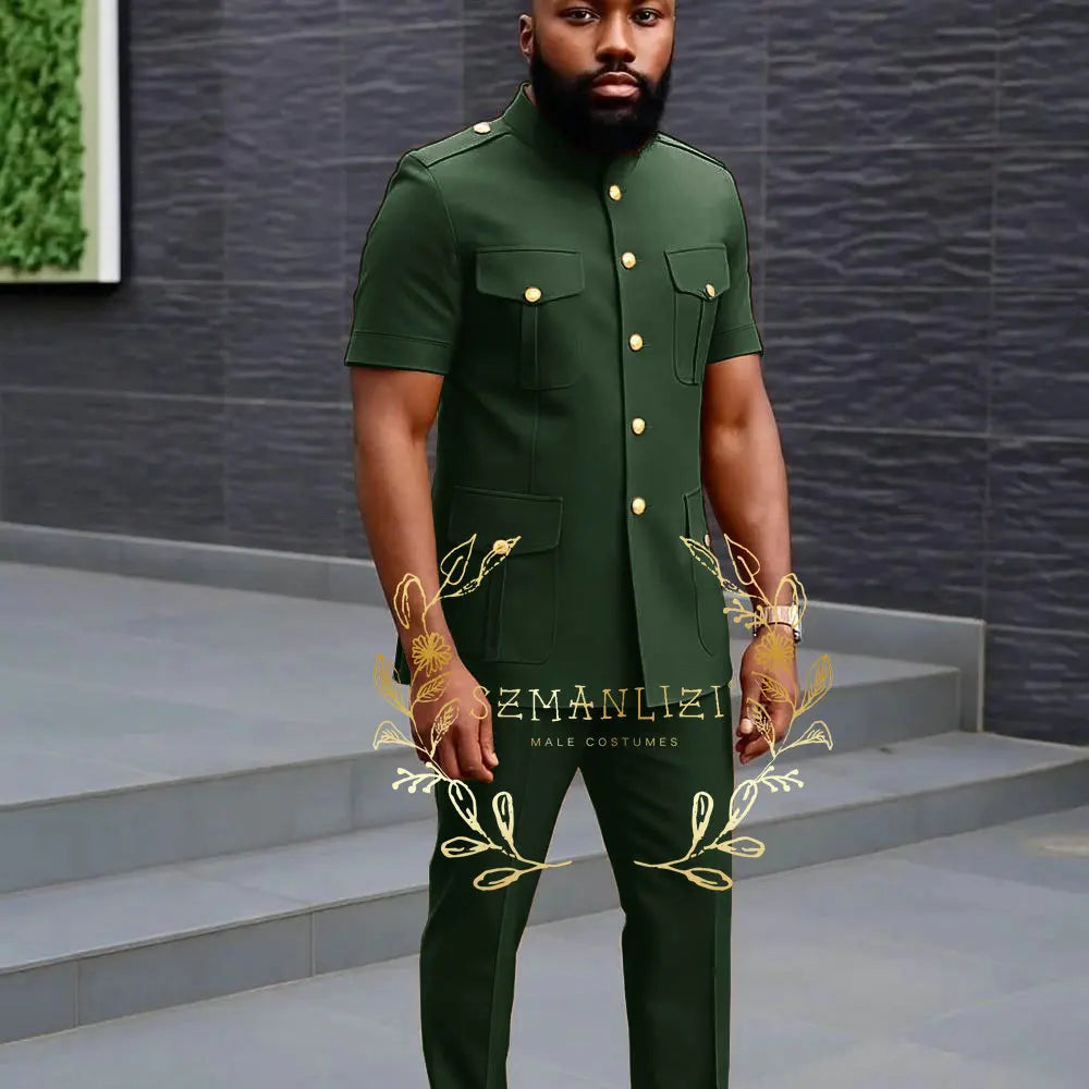 High Quality Men's Suits Short Sleeve Single Breasted Stand Lapel Slim Fit 2 Piece Jacket Pants Outfits Costume Homme Terno