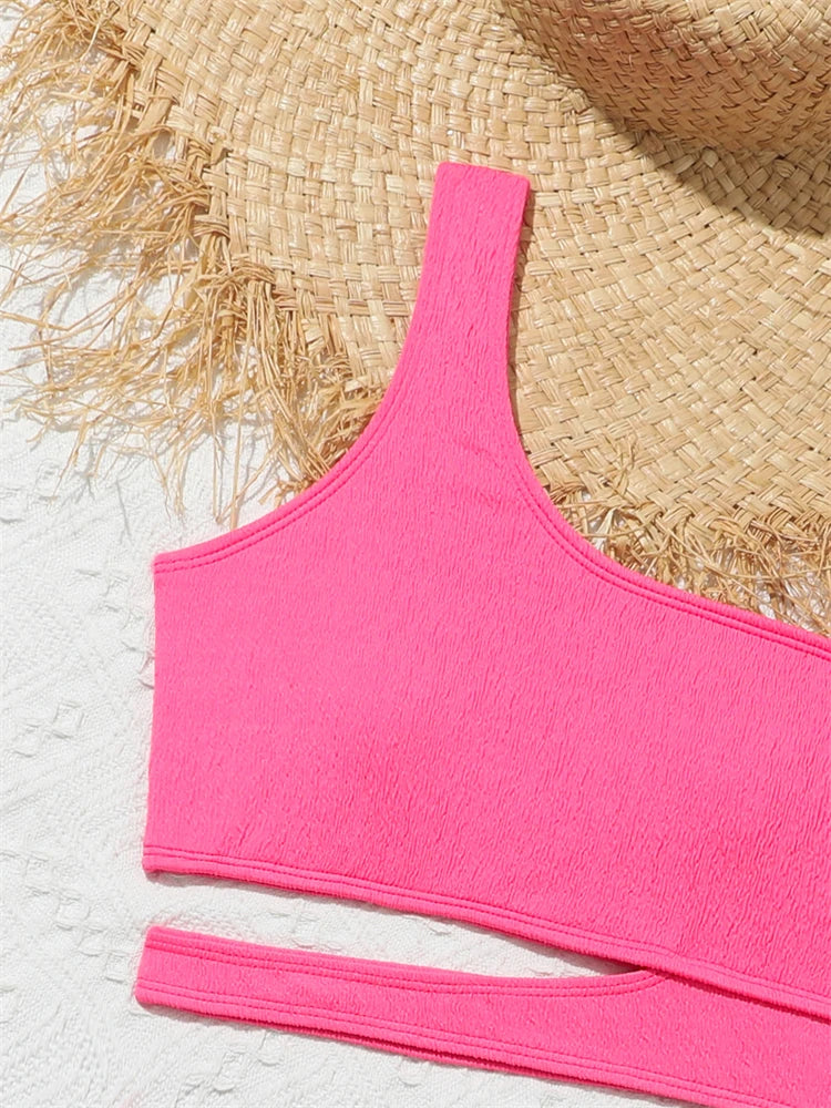 Girls' Swimsuit Bikini 2026 New Solid One Shoulder Bikinis Set Children Swimwear Summer High Waist Kids Beach Wear Bathing Suit