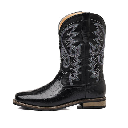 Men Boots Mid Calf Western Cowboy Motorcycle Boots Male Autumn Outdoor PU Leather Totem Med-Calf Boots Retro Designed Men Shoes