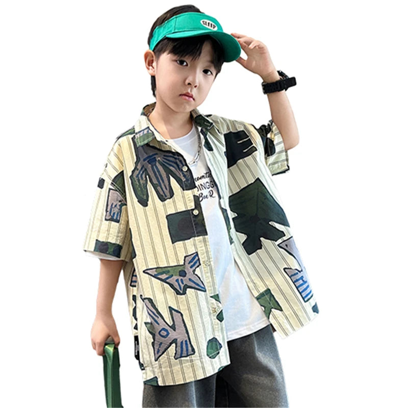 New Summer Teenager Striped Shirt for Boy Short Sleeve Korean Casual Style Big Kids Cotton Blouse Children's Stylish Clothes
