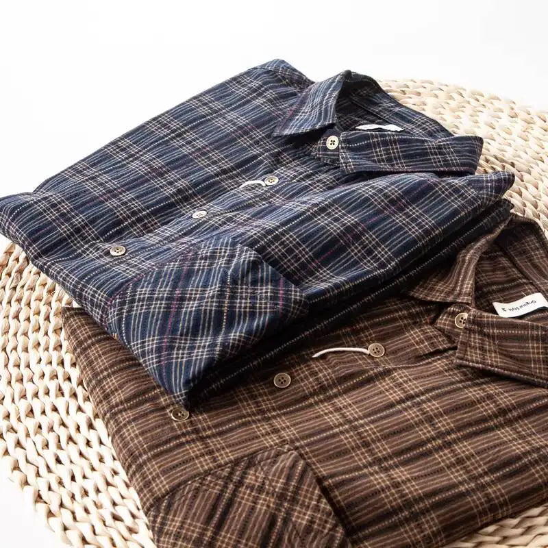 Men's Casual Washed Cotton Plaid Dress Shirt Japanese Retro Embroidered Long Sleeve Spring Autumn Male Button Down Tops Shirts
