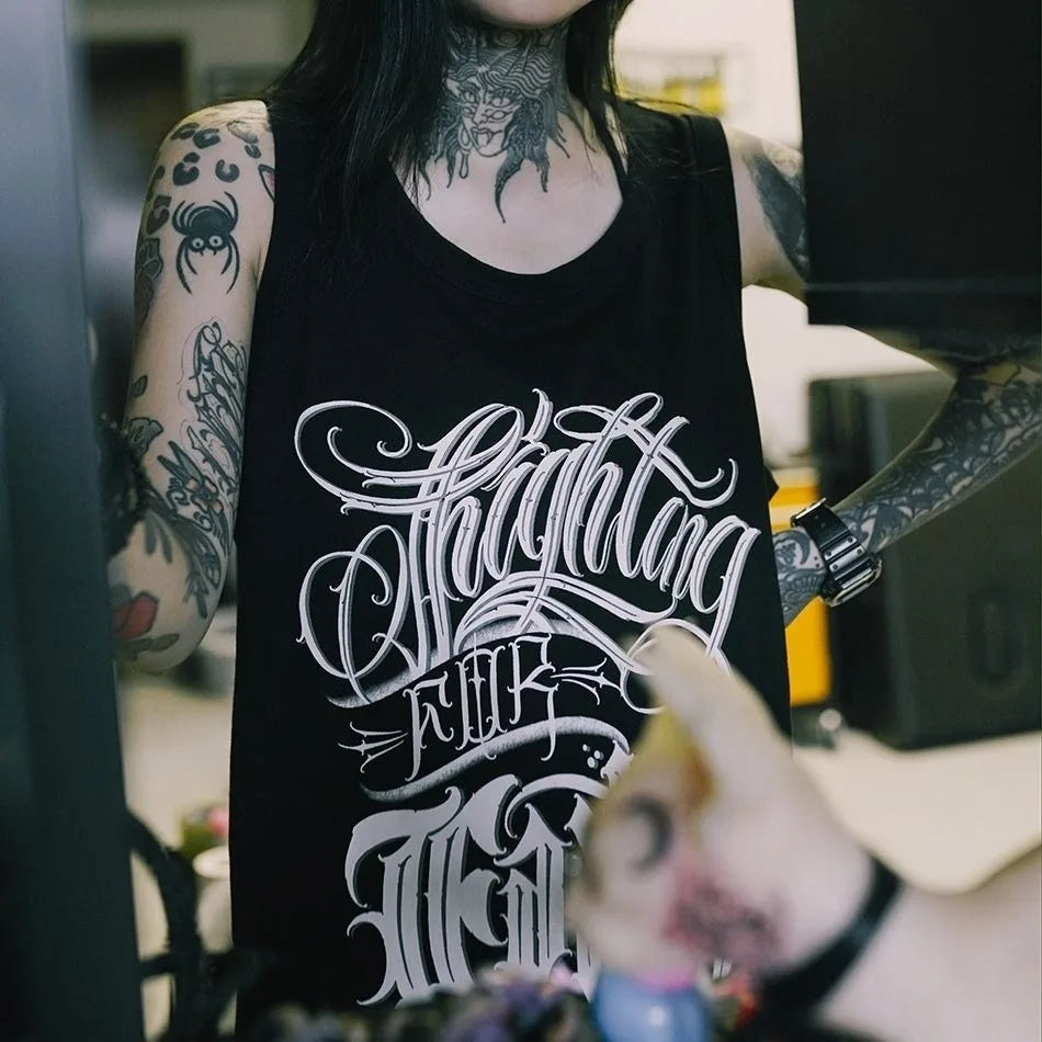 Girls Tanks Fashion Couple Printed Black Tops for Men or Women Short Sleeved Rock Punk Goth Casual Basic Sleeveless Vests