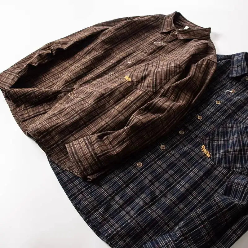 Men's Casual Washed Cotton Plaid Dress Shirt Japanese Retro Embroidered Long Sleeve Spring Autumn Male Button Down Tops Shirts