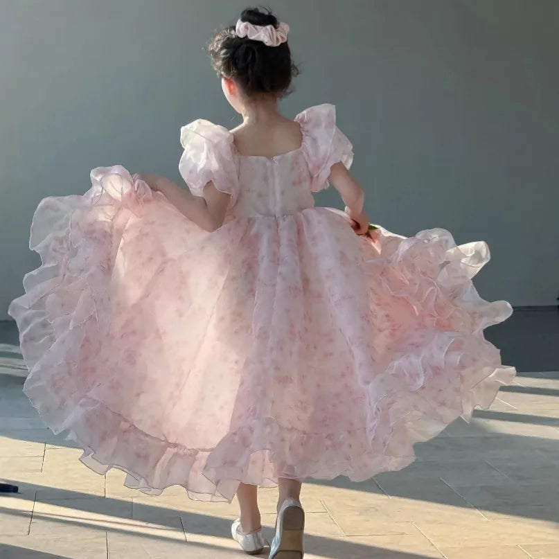 Girls Skirts 2025 Summer New Childrens Wear Korean Style Baby Girl Floral Square Collar Gauze Peng Peng Princess Skirt Casual