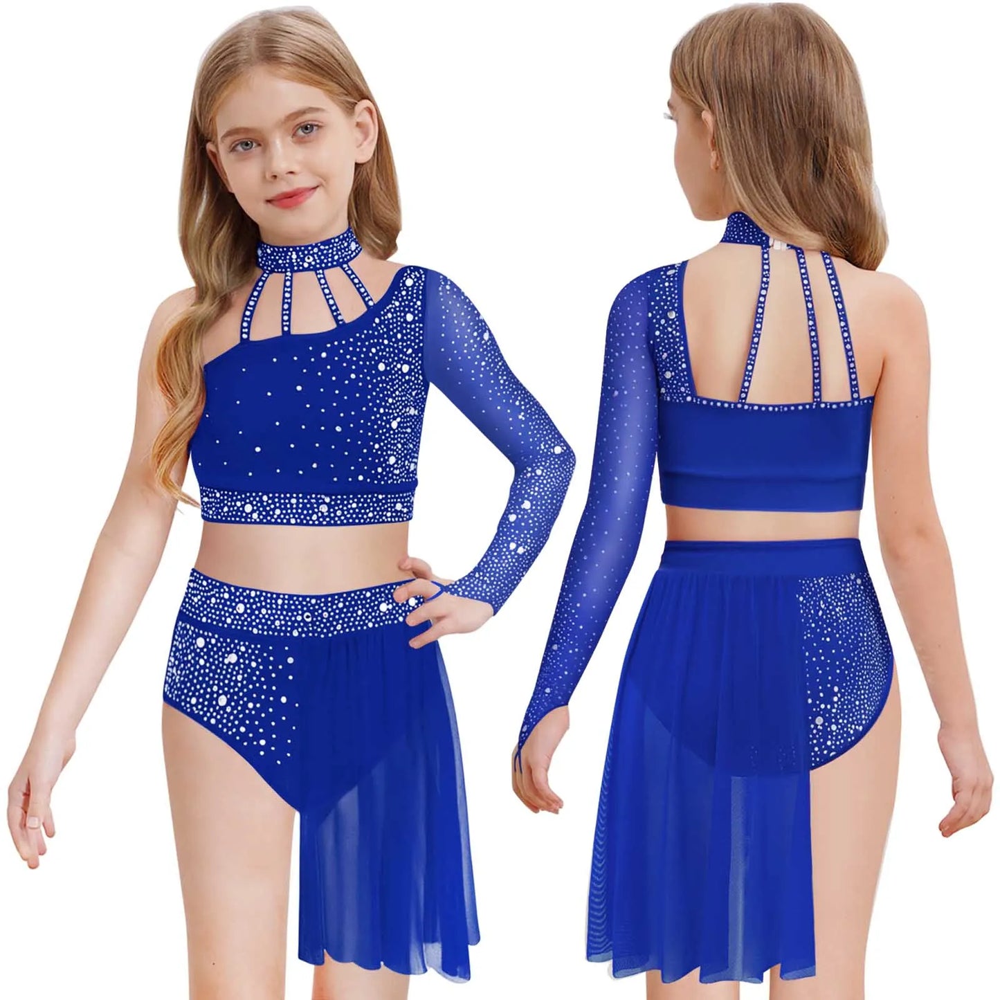Girls Lyrical Dance Outfit One Shoulder Rhinestone Crop Top with Skirts Modern Contemporary Ballet Gymnastics Skating Dancewear