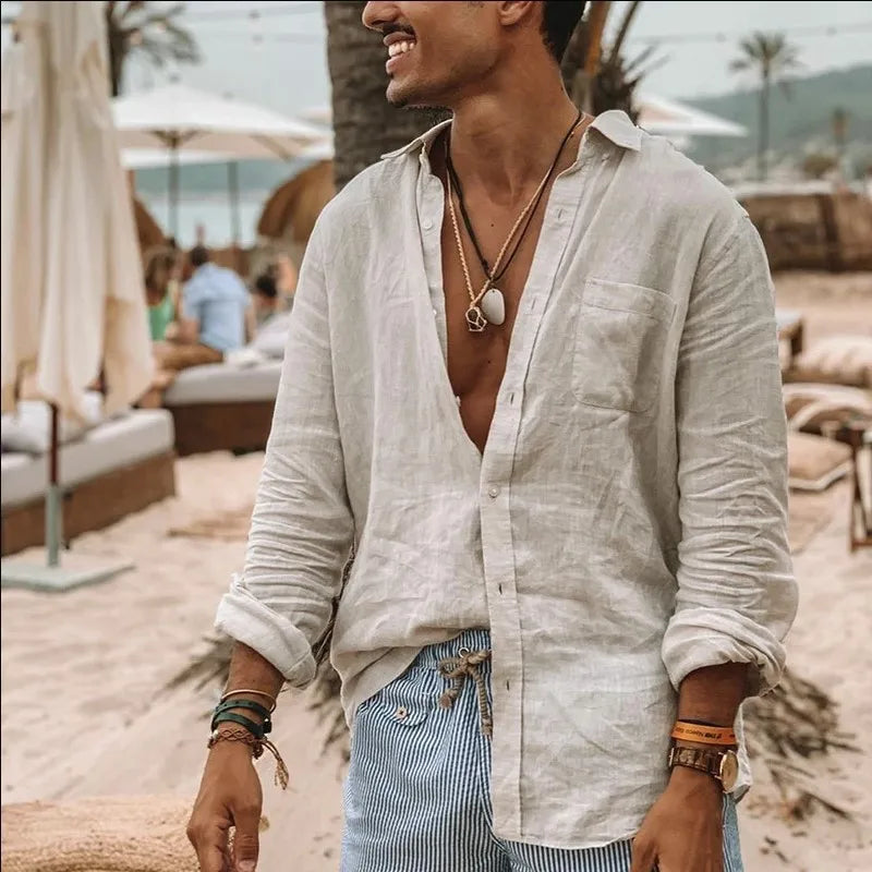 Beach Shirt Men's Casual Shirt Long Sleeve Lapel Cardigan Solid Color Cotton Linen Shirt Men's Tops Light Breathable Streetwear