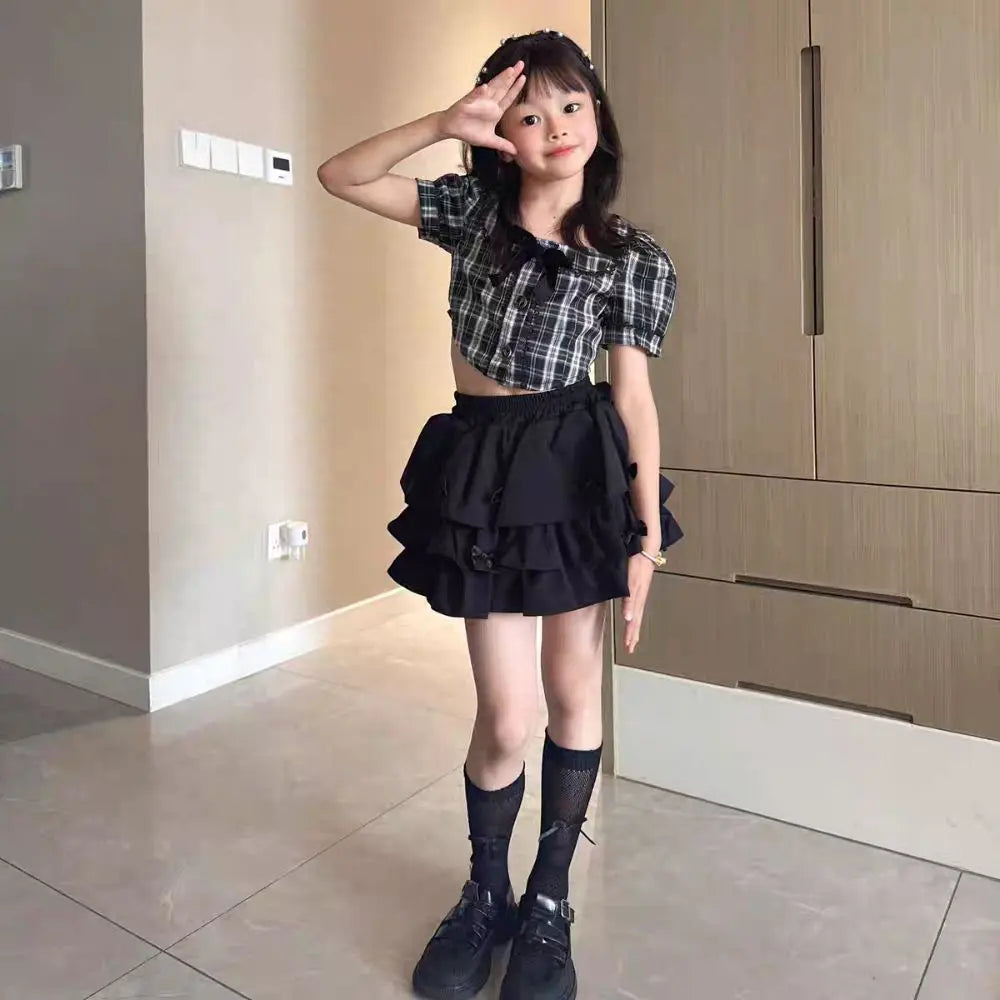 Cake Dress Sweet Girls Wear Suit Teens Party T-shirt Plaid Skirt Set Short Sleeve Preppy Style Costume Children Summer Clothes