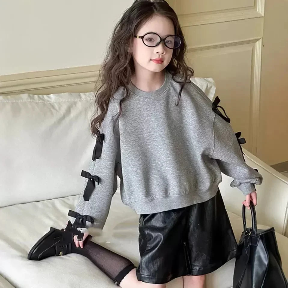 Girls' Bow Sweatshirt Cute Long Sleeve Top for Spring Autumn Kids Casual Pullover  Kids Clothes Girls