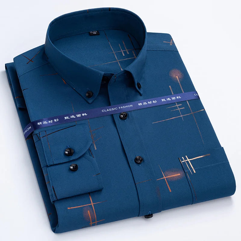 Men's Dress Shirts Spring Autumn Latest Hot Sale Non-iron Anti-wrinkle Business Casual Print Thin Plaid Slim Fit chemise homme