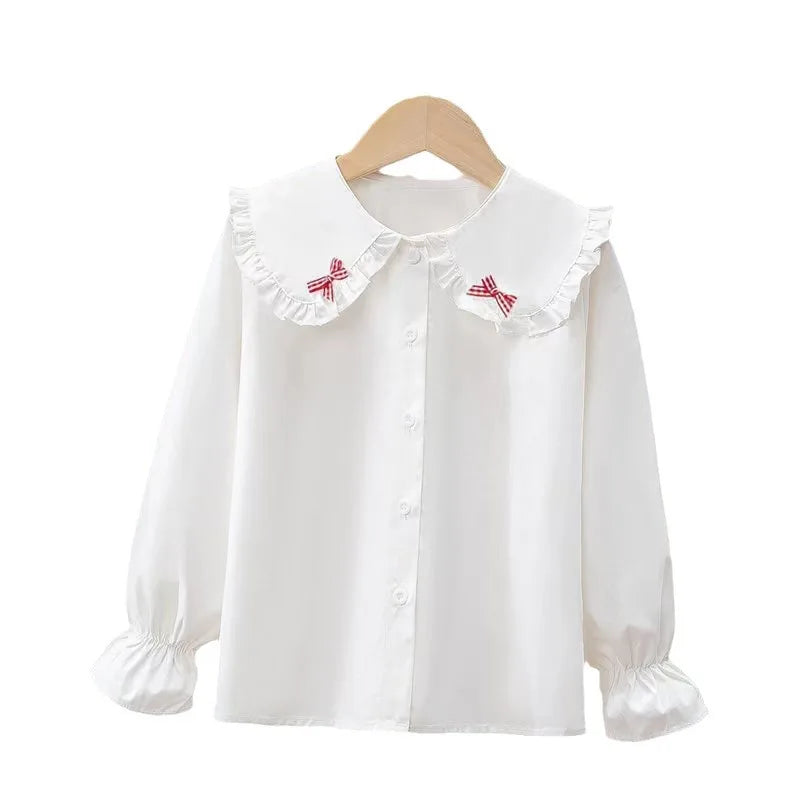 Girls' Spring Autumn Blouse New Korean Style Fashionable Long Sleeve White Shirt Children's Lace Peter Pan Collar Bottoming Shir