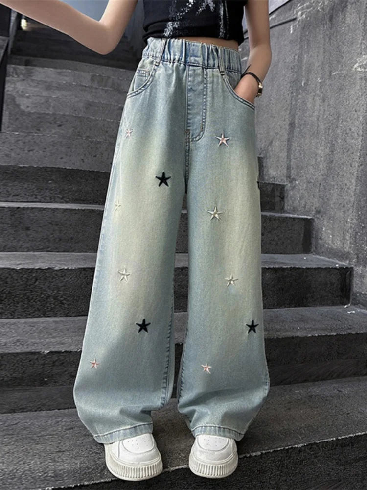Girls' pants Summer thin 5-12 years old 15 years old medium children casual loose style little girls denim wide-leg pants