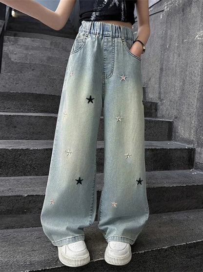 Girls' pants Summer thin 5-12 years old 15 years old medium children casual loose style little girls denim wide-leg pants