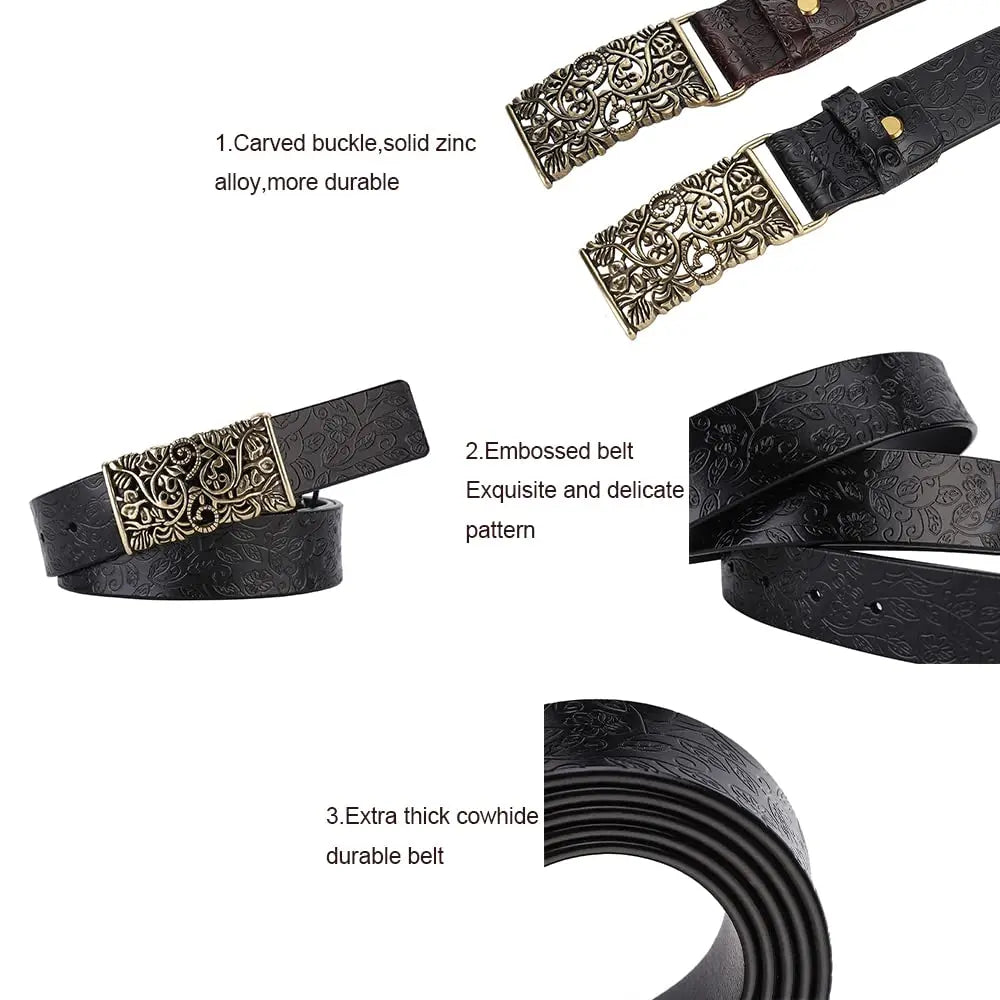 Vintage Flora Women Belts Cowhide Leather Belt Waistband with Sculpture Alloy Buckle for Dresses Skirts and Jeans